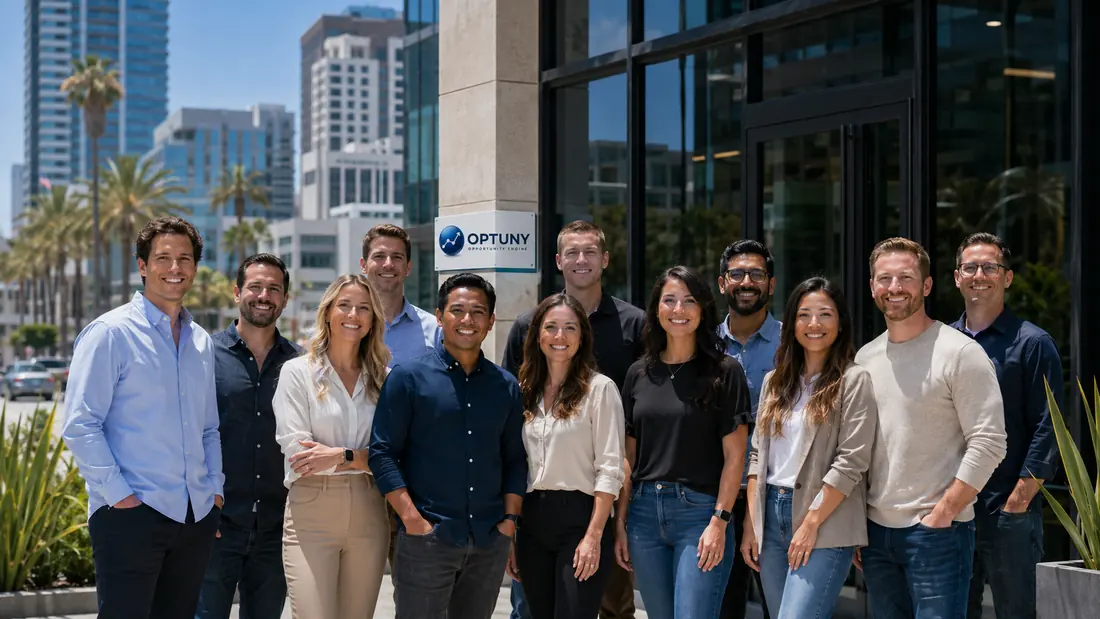 The Optuny team outside their San Diego office